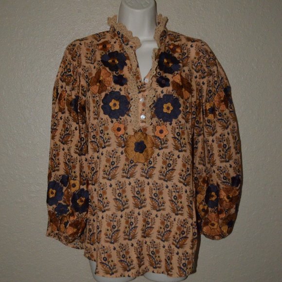 Sz XS Antik Batik Tan Navy Embroidered Flowers Long Sleeve Blouse - Picture 1 of 6